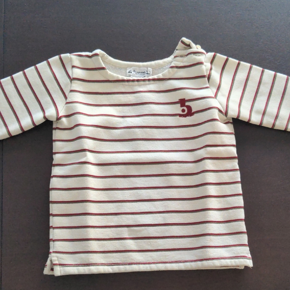 Bonpoint Cream and Brown Striped Long Sleeve Tee